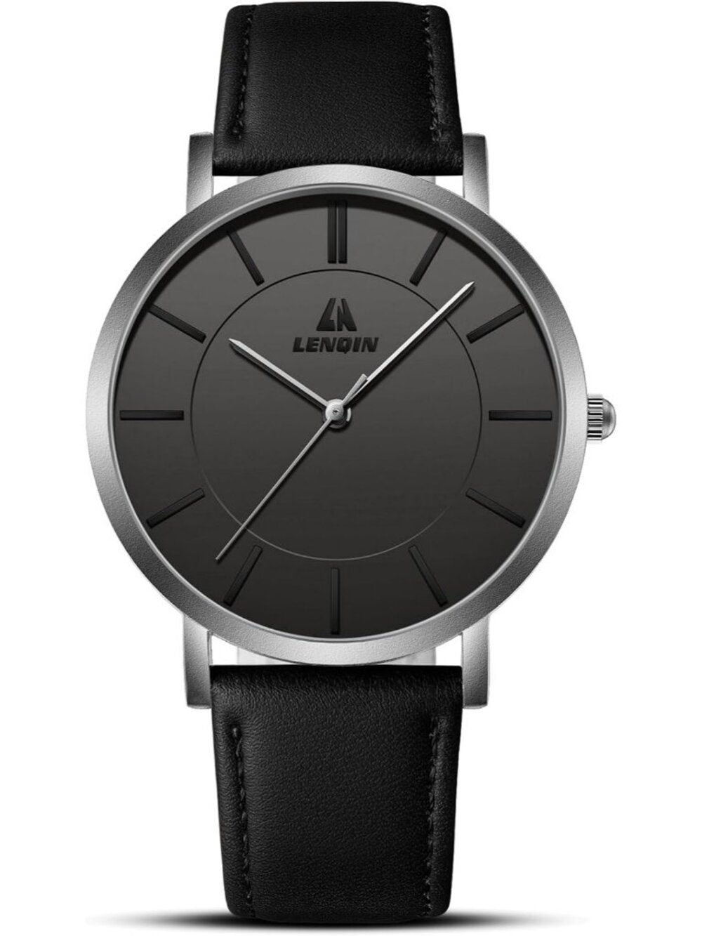 LN LENQIN Men's Silver Black Black Analog Quartz Leather Strap Wrist Watch